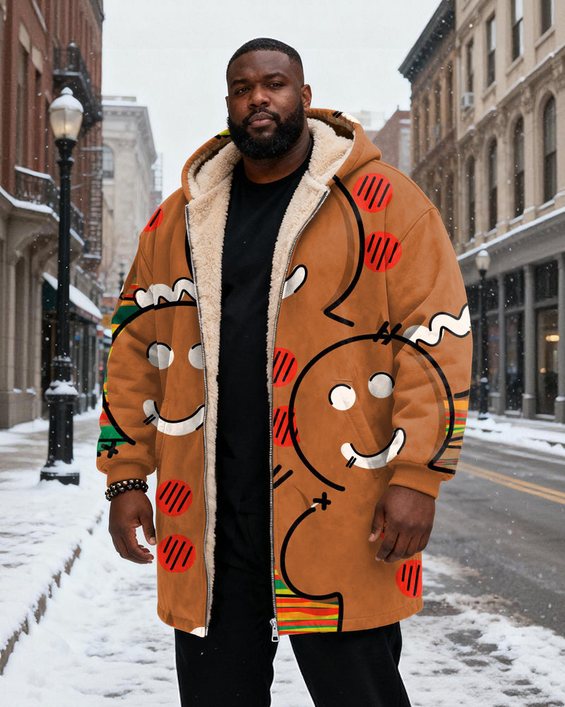 Big & Tall Men's Brown Gingerbread Man Cartoon Printed Velvet Thickened Long Hooded Exterior