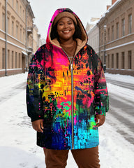 Women's Neon Graffiti Print Velvet Thickened Long Hooded Coat