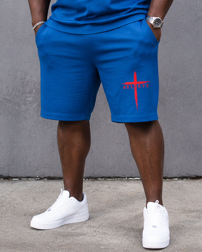 Big & Tall Men's BELIEVE Red Cross Print Crewneck Short Sleeve T-Shirt Shorts Set
