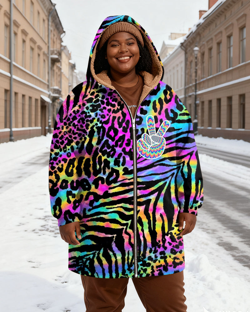 Women's Colorful Leopard Zebra Print Stitching And Peace Gesture Printed Velvet Thickened Long Hooded Coat