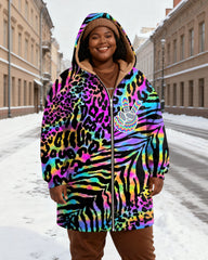 Women's Colorful Leopard Zebra Print Stitching And Peace Gesture Printed Velvet Thickened Long Hooded Coat