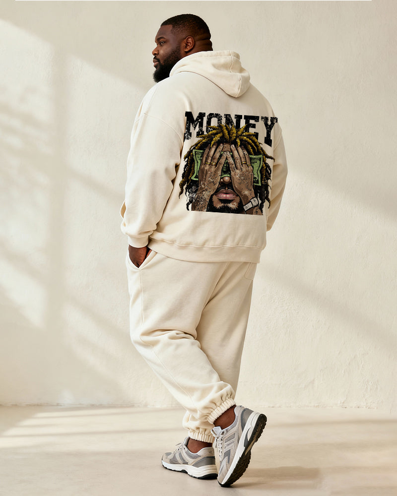 Big & Tall Men's Off-White "MONEY" Cartoon Print Hoodie Set