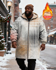 Big & Tall Men's White Brown Black Check Gradient Printed Velvet Padded Long Hooded Coat