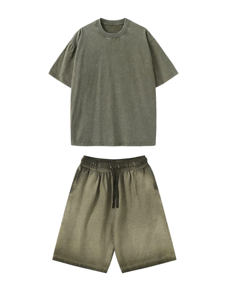 S-5XL Men's Cotton Batik Washed Old Loose T-shirt Shorts Set