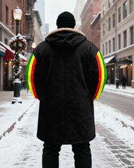 Big & Tall Men's Praying Hand Colorful Green, Yellow And Red Contrast Stripe Printed Velvet Thickened Long Hooded Coat