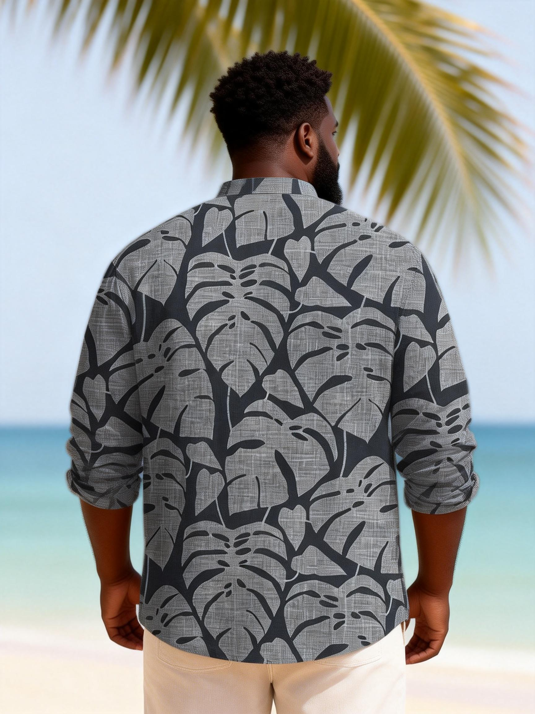 Big & Tall Men's Dark Grey Blue Leaf Textured Print Henry Collar Long Sleeve Shirt