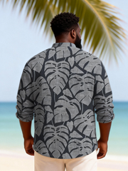 Big & Tall Men's Dark Grey Blue Leaf Textured Print Henry Collar Long Sleeve Shirt