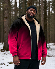 Big & Tall Men's Black And Red Gradient Print Velvet Thickened Zip Cardigan Hoodie