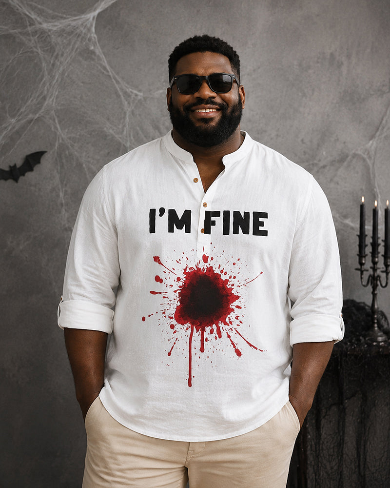 Big & Tall Men's I'M FINE Blood-Splatter Bullet-Hole Print Stand-Collar Long-Sleeve Shirt
