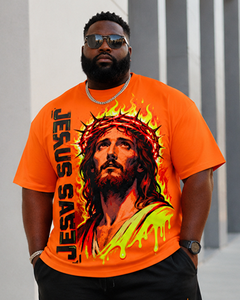 Big & Tall Men’s Flame-Print Jesus Head And Letter Gradient Ombre Crew-Neck Short-Sleeve T-Shirt And Shorts Set