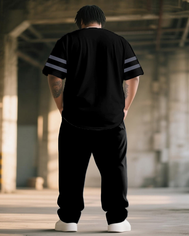 Big & Tall Men's Classic Black And Grey Plaid King Alphabet Print T-Shirt Pants Suit