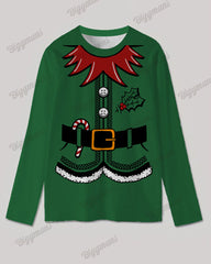 Men's Plus Size Christmas Cosplay Green Elf Print Long Sleeve T-Shirt Trousers Suit