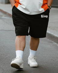 Big & Tall Men's Orange Stripe KING Alphabet Print Round Neck Short Sleeve T-Shirt Shorts Suit