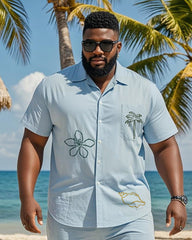 Big & Tall Men's Hawaii Vacation Blue Graffiti Print Pocket Shirt Shorts Suit