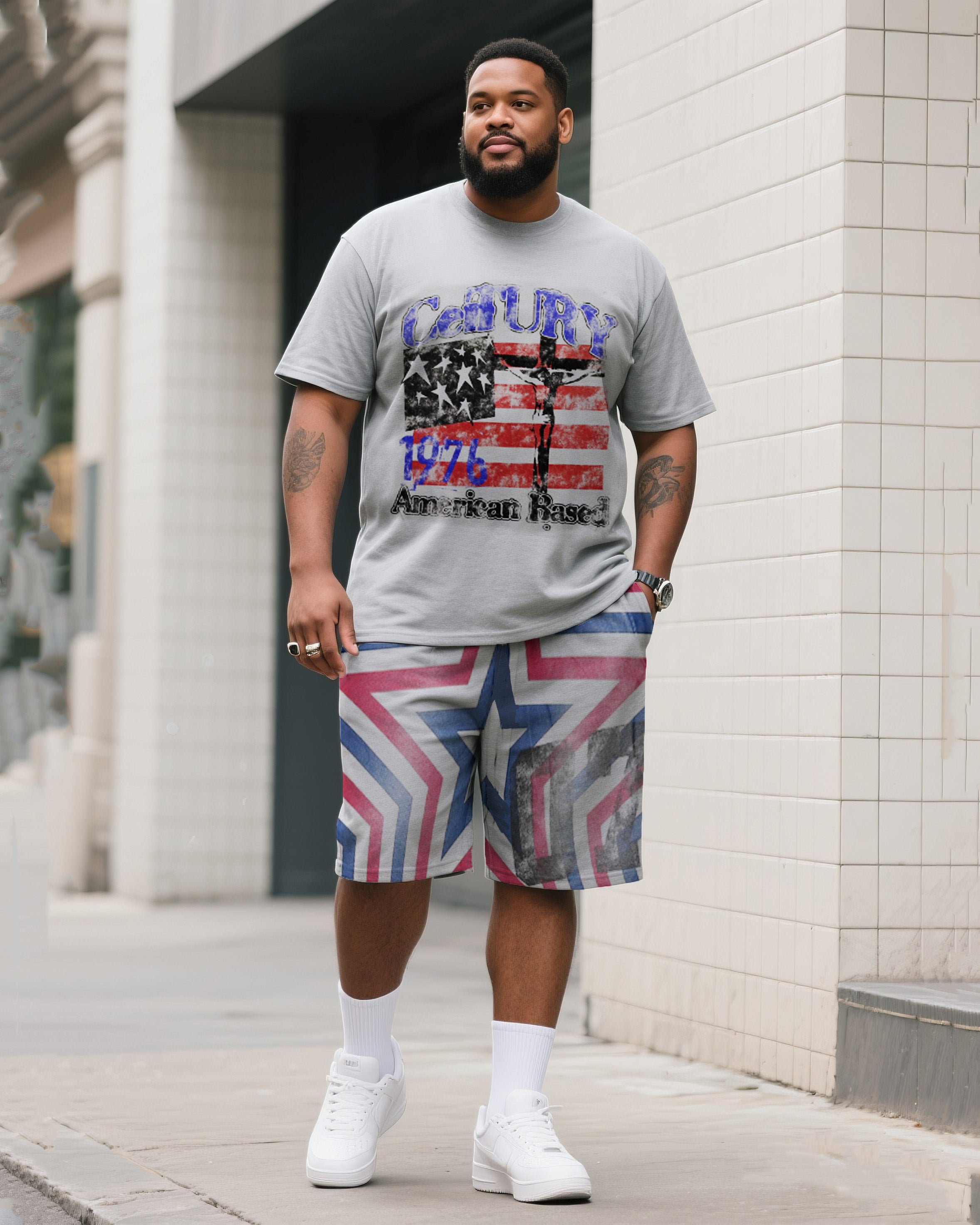 Big & Tall Men's Original Star Flag COD Printed Independence Day Crewneck T-Shirt Shorts Suit