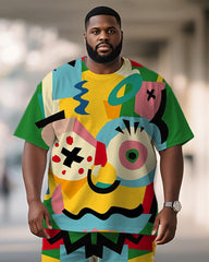Men's Plus Size Green Graffiti Big Eyes Cartoon Print Short Sleeve T-Shirt Shorts Suit