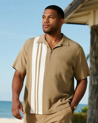 Big & Tall Men's Business Khaki Striped Print Short Sleeve Zip Polo Shirt Shorts Suit