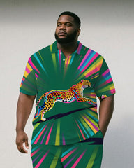 Big Men's Fantasia Cartoon Leopard Printed Street Style Short-Sleeve Polo Shirt & Shorts Set