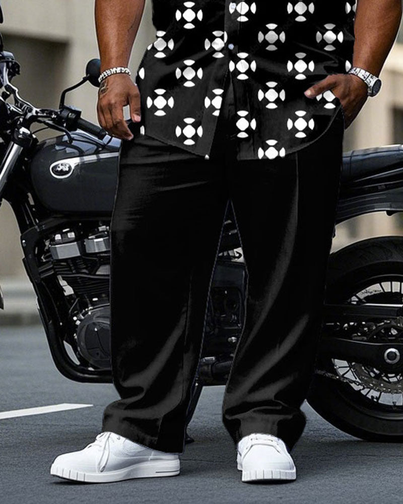 Men's Plus Size Business Black Geometric Arrangement Printing Daily Casual Short Sleeve Shirt Trousers Suit