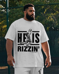 Big Men's Basketball Athlete HE IS RIZZIN Letter Printed Casual Short Sleeve T-shirt Pants Set