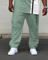 Men's Plus Size Tender Green & White Colorblock Small Label Design Arrangement Printed Short-sleeved T-shirt Trousers Suit