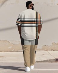 Men's Plus Size Khaki Colorblock Striped Print Henry Collar T-Shirt Trousers Suit