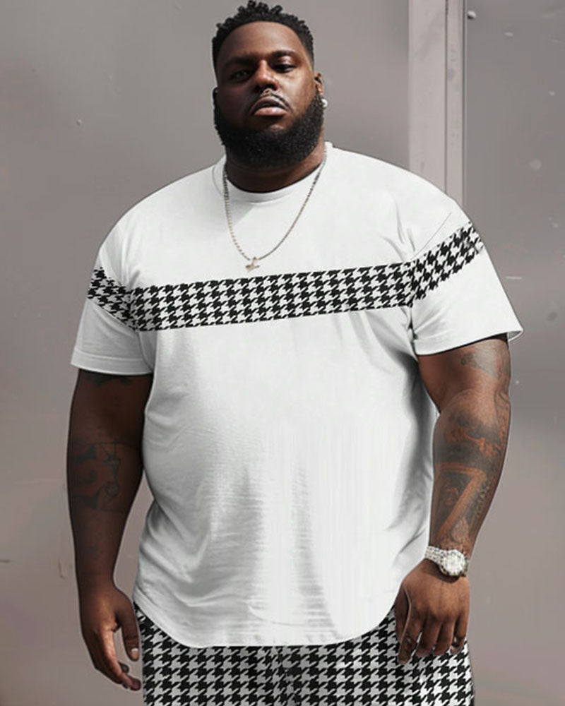 Men's Plus Size Casual Simple Houndstooth Color-block Printed T-shirt Shorts Suit
