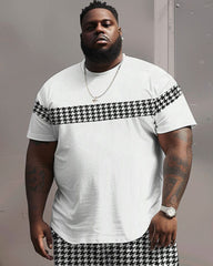 Men's Plus Size Casual Simple Houndstooth Color-block Printed T-shirt Shorts Suit