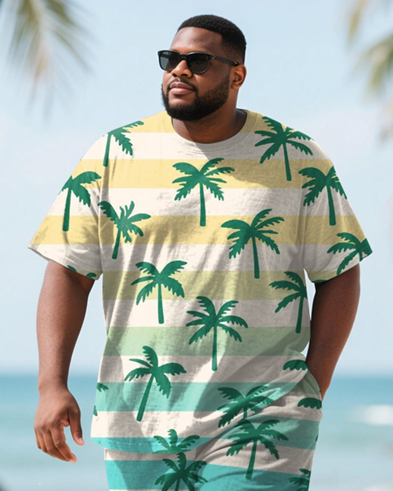 Men's Plus Size Green Coconut Tree Gradient Print Round Neck Short Sleeve T-Shirt Shorts Suit