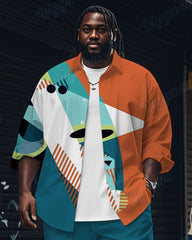 Men's Plus Size Blue Color Block Abstract Cartoon Print Long Sleeve Shirt Trousers Suit