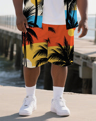 Big Men's Sunset Coconut Trees Hawaiian Theme 2-Piece Short Sleeve Shirt Shorts Suits