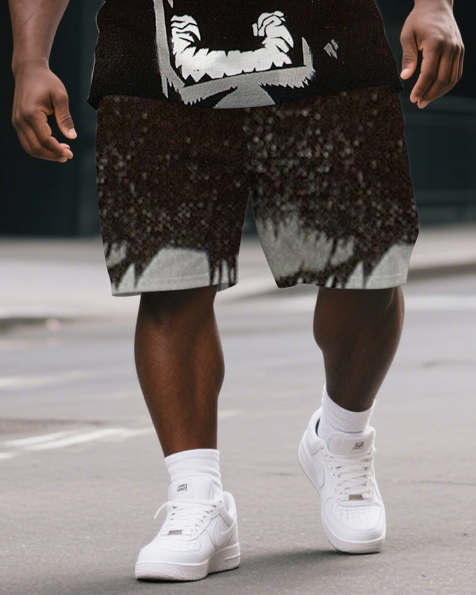 Men's Street Style Angry Gorillas Cartoon Print Big & Tall Outdoor Short-Sleeve T-shirt & Short Set