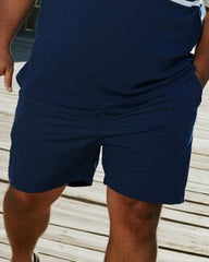 Big & Tall Men's Business Dark Blue Striped Print Short Sleeve Zip Polo Shirt Shorts Suit