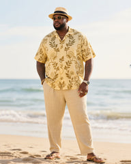 Big & Tall Men's Holiday Style High Luxury Vine Structure Printed Short Sleeve Shirt Pants Cotton Linen Suit