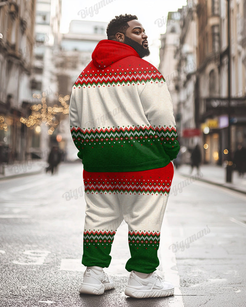 Men's Christmas Red And Green Colorblock Printed Big & Tall Hoodie Set