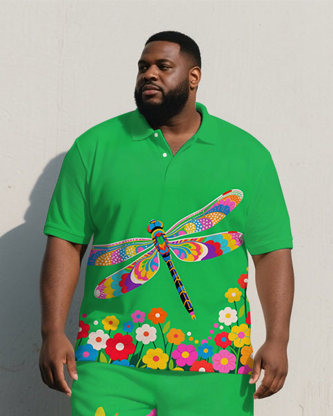Big Men's Fantasia Cartoon Colorful Dragonfly in Flower Printed Short-Sleeve Polo Shirt & Shorts Set