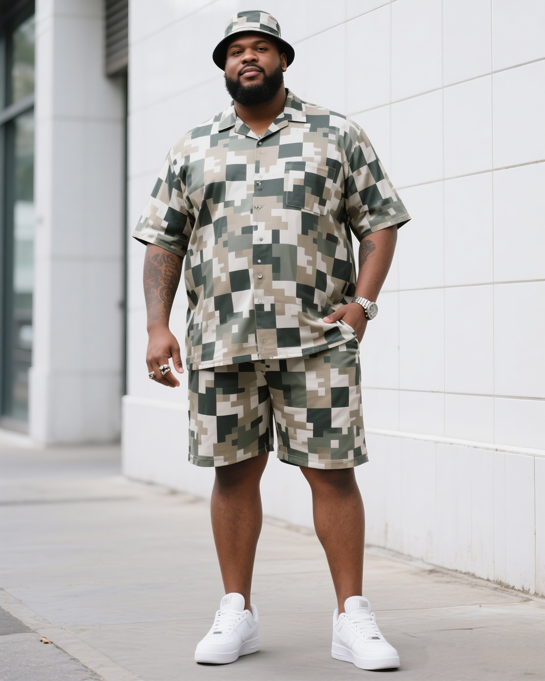 Big Man's Daily Leisure Outdoor Activities Design Creative Checkered Camouflage Short Sleeve Shirt Shorts Suit