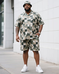 Big Man's Daily Leisure Outdoor Activities Design Creative Checkered Camouflage Short Sleeve Shirt Shorts Suit