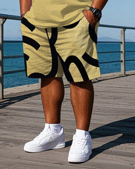 Men's Street Fashion Simple Letter Stripe Printed Big & Tall Short Sleeve Polo Shirt Shorts Set