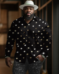 Plus Size Men's Fashion Golden King Crown Pattern Printing Lapel Long Sleeve Shirt