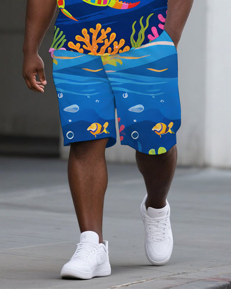 Big Man's Abstract Animal World Cute Crab Printed Casual Short-Sleeve Polo Shirt & Shorts Set