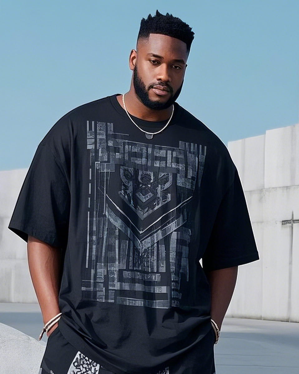 Plus Size Men's Black And White Printed Casual Short-sleeved T-shirt Pants Suit