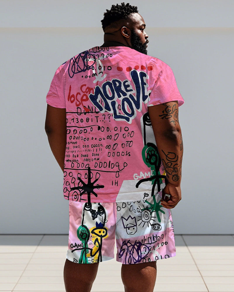 Men's Plus Size Street Pink Graffiti Print Short Sleeve T-Shirt Shorts Suit