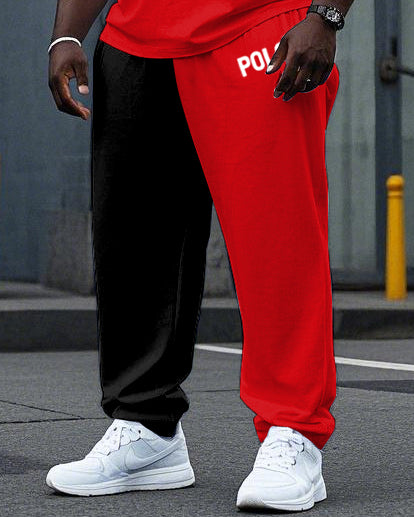Big Men's Casual Red and Black Color Block POLO Printed Short Sleeve T-shirt Drawstring Pants Set