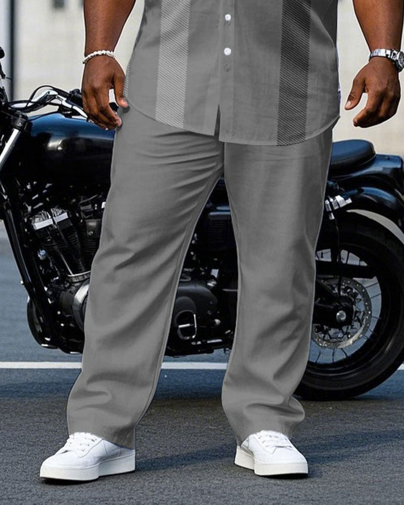 Men's Plus Size Gentleman Style Gray Jacquard Large Check Short Sleeve Shirt Trousers Suit