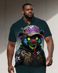 Men's Casual Hip Hop Bear Cartoon Printed Big and Tall Short-Sleeve Polo Shirt Shorts Set