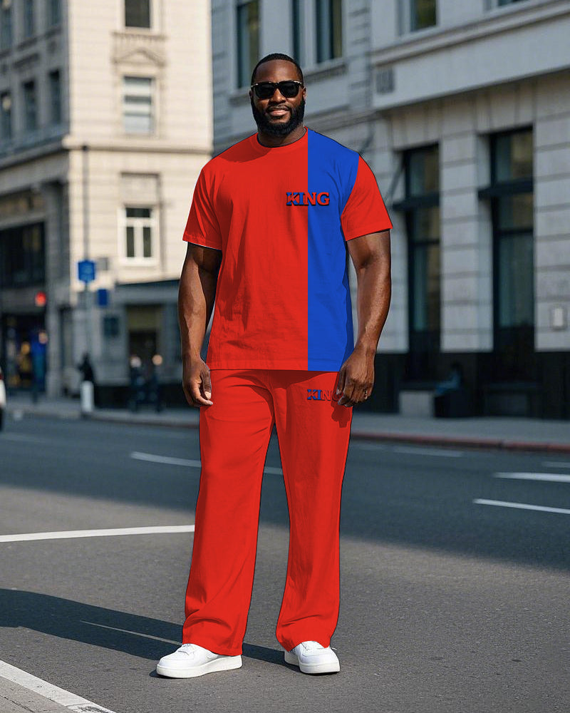 Men's Big Size Splicing Blue & Red Color Block KING Printed Short Sleeve T-shirt Pants Set