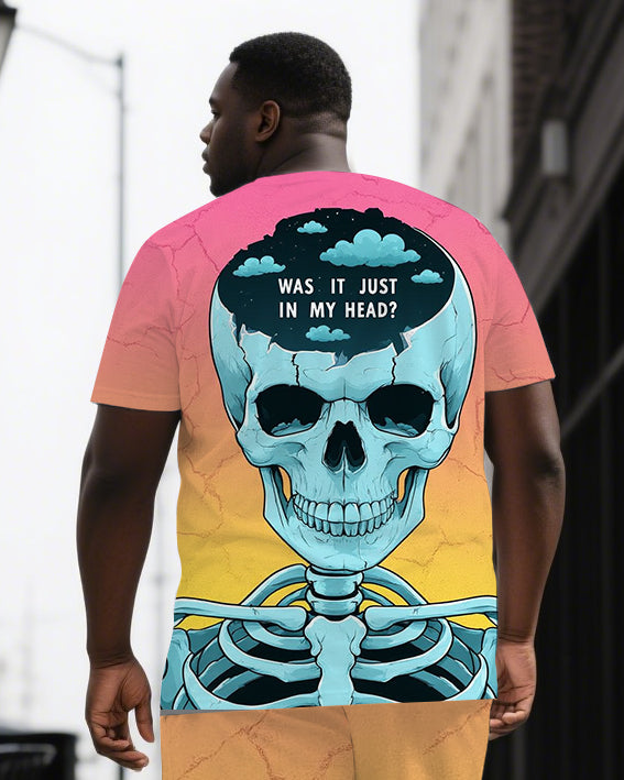 Stay Curious with Mystery Men's Big & Tall Skull Gradient Back Printed Short Sleeve T-shirt Set