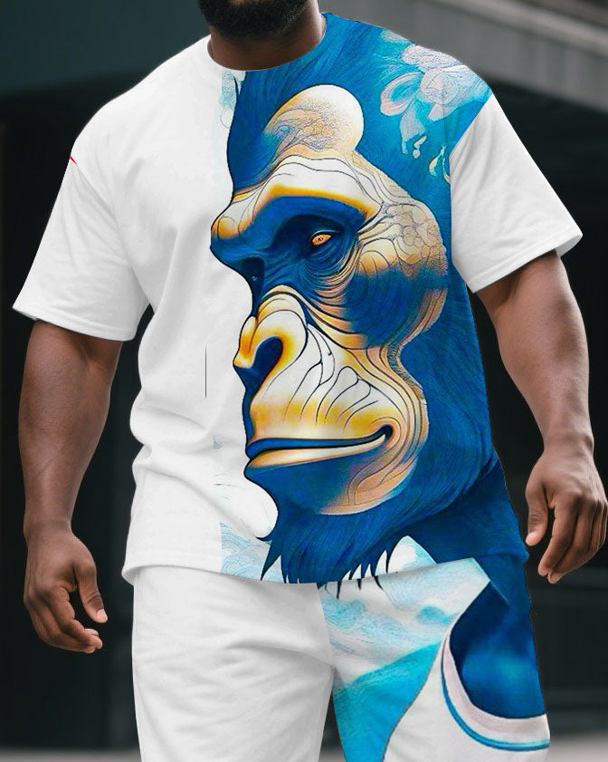 Men's Big & Tall Handsome Blue Gorillas Print Casual Short-Sleeved T-shirt & Short Set