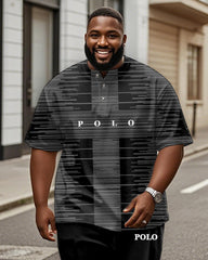 Men's Plus Size Black Grey Stripe Colorblock Alphabet Print Henry Collar T-Shirt Trousers Suit